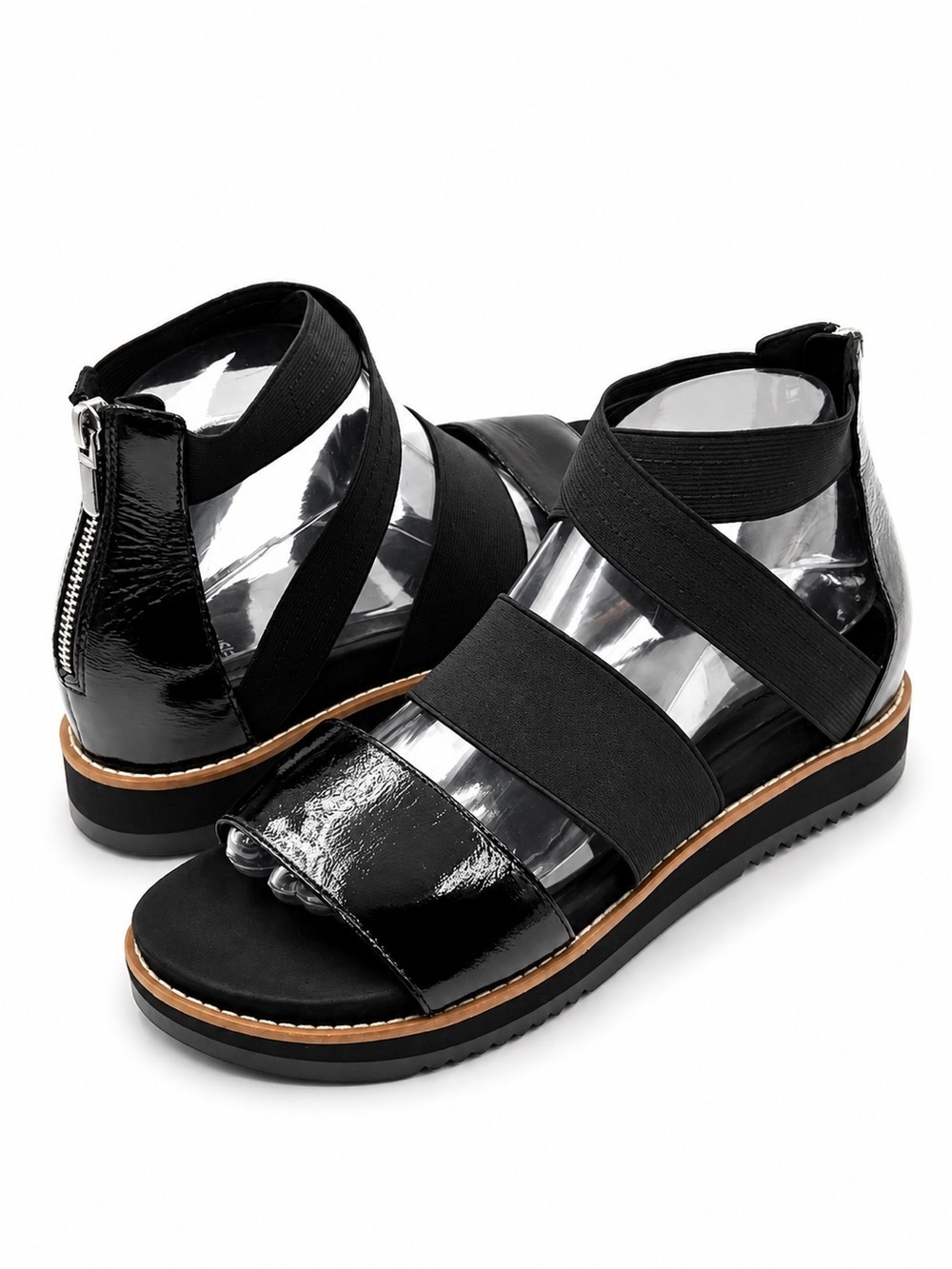 NWOB Eileen Fisher Klay Black Patent Leather Strappy Wedge Sandal 8 Comfort